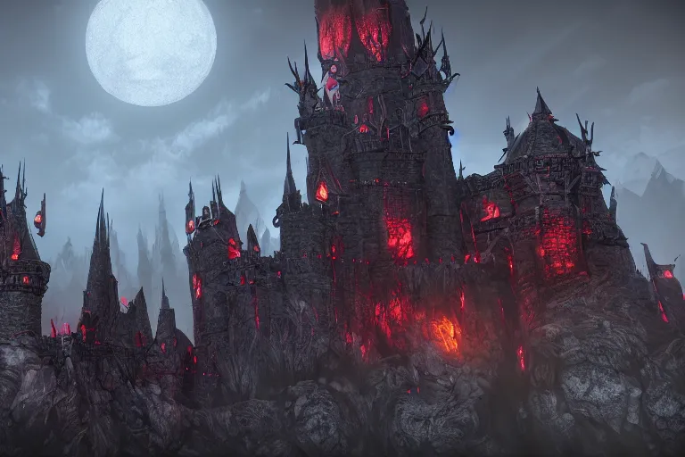 Image similar to big evil castle - city rock dark shadow elves, might and magic heroes vii, dark fantasy, shadows, artstation trending, unreal engine 5, red