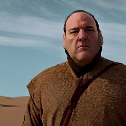 Prompt: james Gandolfini as tony soprano wearing a fremen stillsuit in denis villeneuve's Dune 2021 cinematic still photo