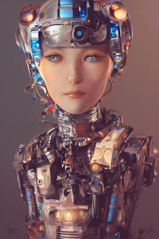 Prompt: portrait of beautiful young robot, cyberpunk, Warhammer, highly detailed, artstation, illustration, art by Gustav Klimt and Range Murata and Ilya Kuvshinov and Sakimichan