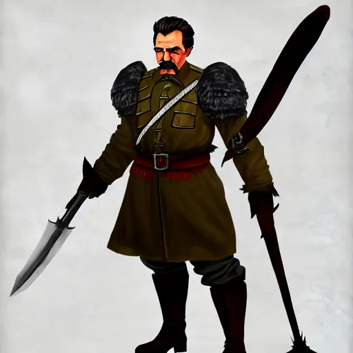 Image similar to fantasy concept art of stalin as a boss in dark souls, colored, trending on artstation