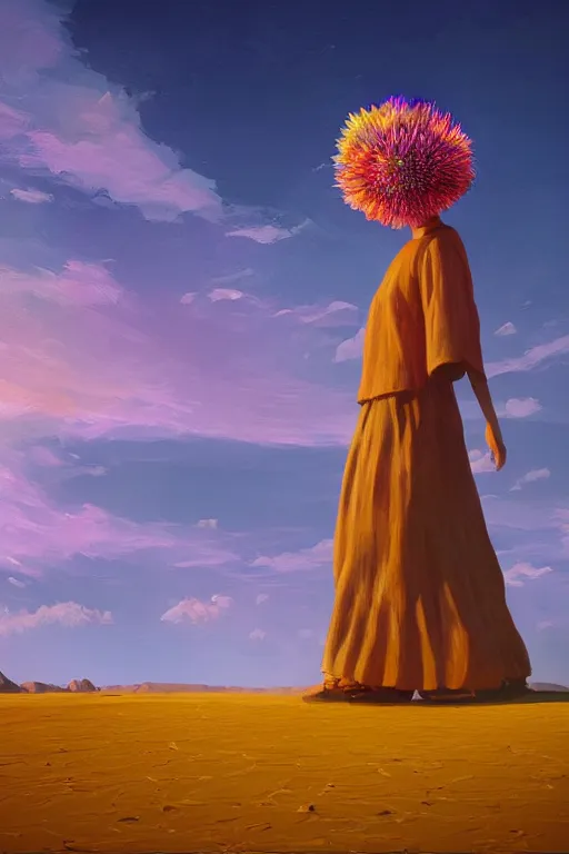 Image similar to giant corn flower head, girl walking in the desert, surreal photography, sunrise, dramatic light, impressionist painting, colorful clouds, digital painting, artstation, simon stalenhag