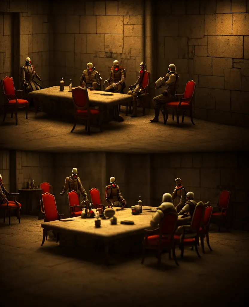 Prompt: the forbidden underground meetings of the traitors, a dimly lit stone room, a single table, some old chairs, all traitors are debating how to kill the king, cinematic landscape, betrayal in the air, octane render, artstation