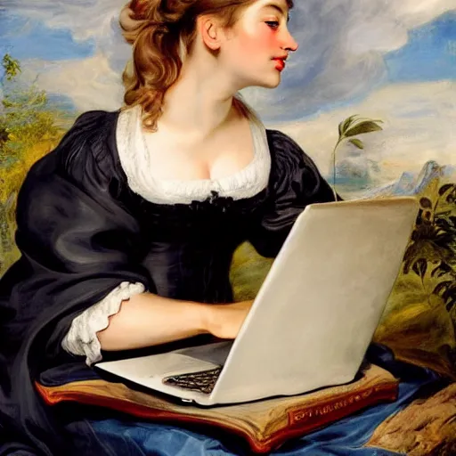 Image similar to heavenly summer sharp land sphere scallop well dressed lady working on her laptop auslese, by peter paul rubens and eugene delacroix and karol bak, hyperrealism, digital illustration, fauvist