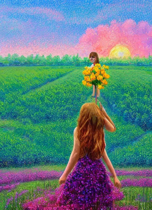 Image similar to girl with giant flower as a face and flower dress, standing in a flower field hills, big trees, sunrise dramatic light, impressionist painting, colorful clouds, digital painting, pointillism, artstation, simon stalenhag