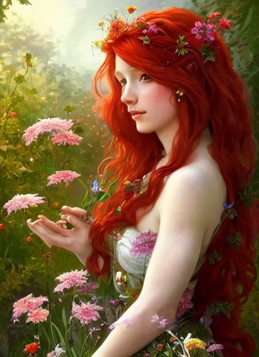 Prompt: a beautiful red haired woman as a fairy princess in a garden holding a bouquet of wild flowers, deep focus, d & d, fantasy, intricate, elegant, highly detailed, digital painting, artstation, concept art, matte, sharp focus, illustration, hearthstone, art by artgerm and greg rutkowski and alphonse mucha