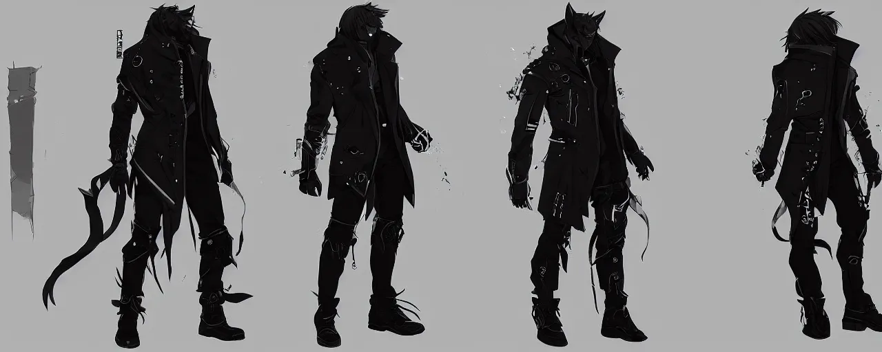 Prompt: a male anime cyberpunk wolf wearing a heavy jacket and heavy black boots, character concept exploration, outfit designs, trending on artstation; clear silhouette, strong design