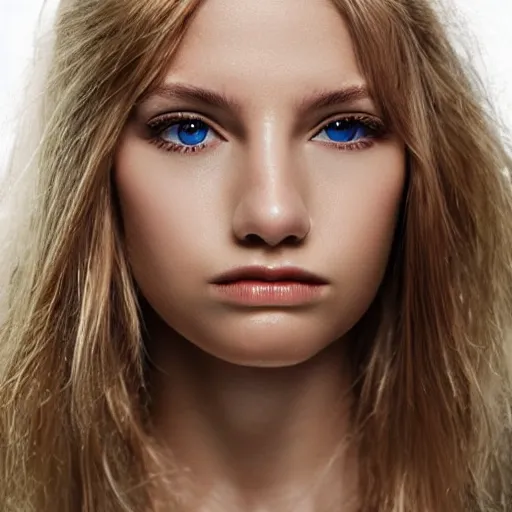 Image similar to Perfect face, symmetrical facial features, small nose, big eyes, long wavy blonde hair, photograph