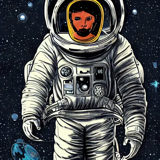 Prompt: illustration of butch tomboy stoic emotionless square - jawed heroic blonde woman astronaut, space helmet, on spacewalk, nebula in background, stellar anomaly, pen and ink, ron cobb, mike mignogna, comic book, black and white, science fiction, punk, grunge, used future, illustration, comic book cover, - ar 1 6 : 9