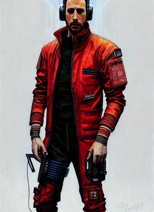 Prompt: cyberpunk character wearing jumpsuit and red jacket and cyberpunk headset. ( blade runner 2 0 4 9, dystopian, cyberpunk 2 0 7 7 character design ). attractive face. portrait by james gurney and laurie greasley, oil on canvas. cinematic, hyper realism, realistic proportions, full view, dramatic lighting, high detail 4 k