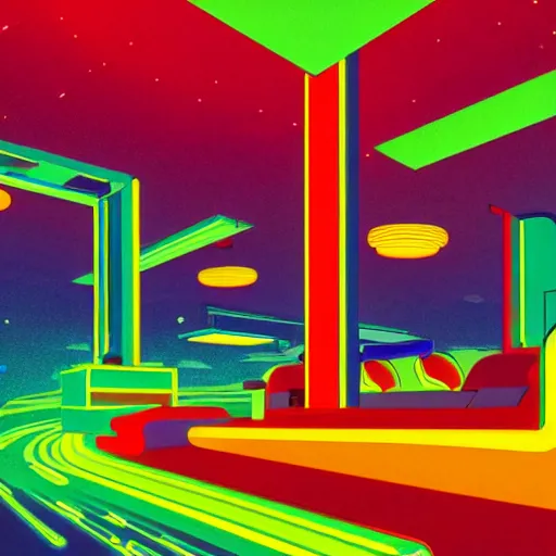 Prompt: Googie Kitsch aesthetic, colorful isometric Liminal space in outer space at night with neon lights