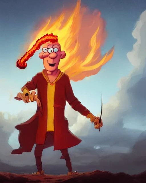 Image similar to wide shot, detailed photorealistic ( cartoony ) face, squidward, wearing fire nation clothing and practicing firebending outside at susnset, [ greg rutkowski ]