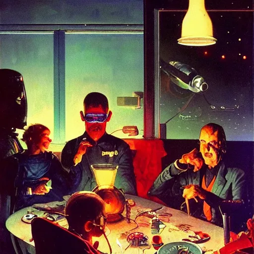 Image similar to a dark and colorful close - up of a sci - fi family dinner with led lights glowing fog in the background. highly detailed science fiction painting by norman rockwell, frank frazetta, and syd mead. rich colors, high contrast, gloomy atmosphere, dark background. trending on artstation