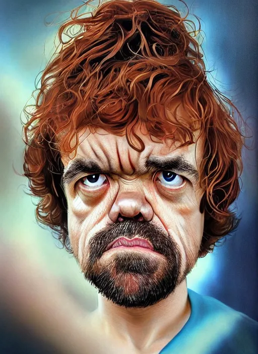 Prompt: ultrawide angle colour portrait masterpiece photography of peter dinklage in a little tikes crazy coupe by annie leibovitz michael cheval miho hirano moebius josh kirb