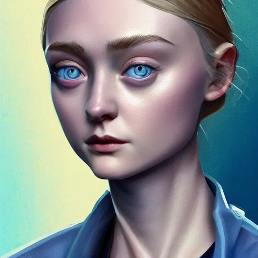 Prompt: a young woman who looks like a mixture between Dakota Fanning, Bella Heathcote and Elizabeth Debicki, wearing blue utilitarian jumpsuit, scifi, highly detailed portrait, digital painting, artstation, concept art, smooth, sharp focus, illustration, ArtStation HQ