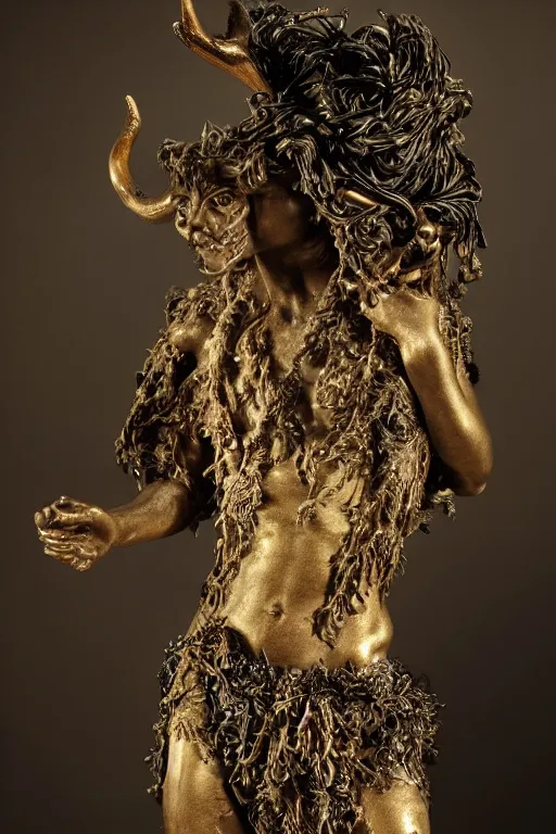 Image similar to a cinematic view of a ornated intricate mystic faun statue made by hedi xandt, chris haas and bernini, realistic, macabre art, covering his hip with a wrapped black old fabric veil, using few gold ornaments detailed image, volummetric light