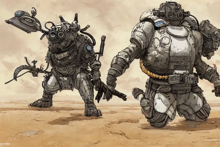 Image similar to anthropomorphic rodent with white and black ancestral ornate japanese tactical gear on an abandonment desert planet, high intricate details, long shot, rule of thirds, golden ratio, graphic novel by fiona staples and dustin nguyen, by beaststars and orange, peter elson, alan bean, studio ghibli, makoto shinkai