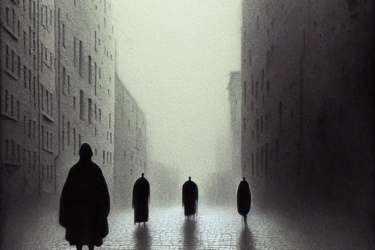 Image similar to people walking on city street, in the style of beksinski, solarpunk, atmospheric, clean, intricate and epic composition, gray by caravaggio, insanely quality, highly detailed, masterpiece, white light, artstation, 4 k