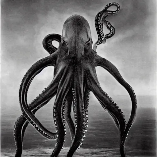 Image similar to old black and white photo, 1 9 1 3, depicting bruce willis in combat armor fighting giant octopus, historical record, tentacles around