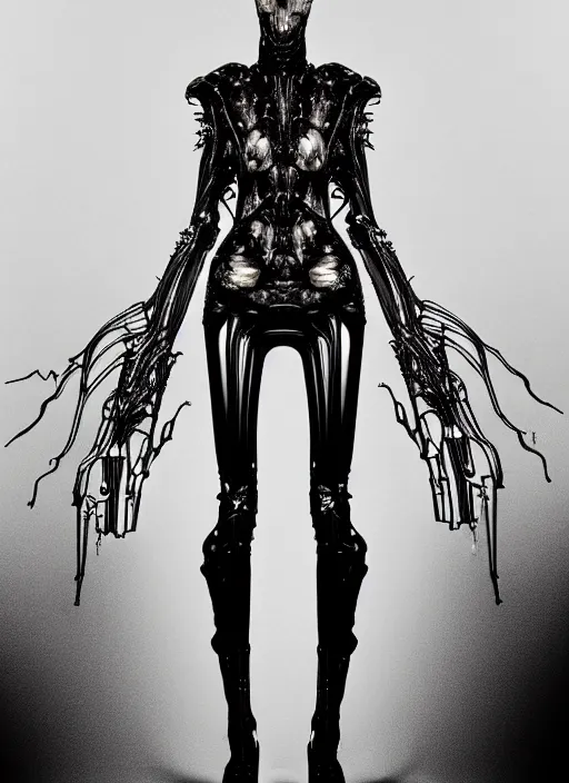 Image similar to iris van herpen gothic inflateble dark dress, perfect symmetrical body, helmet on face, full body shot, alien, plant predator, guyver, giger, wires, tubes, veins, jellyfish, white biomechanical details, wearing epic bionic cyborg implants, masterpiece, intricate, biopunk, vogue, highly detailed, artstation, concept art