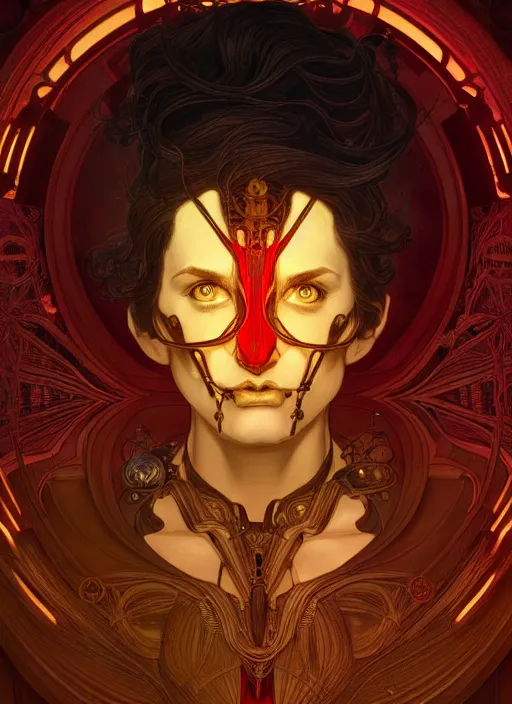 Image similar to the god hephaestus, ash hair, glowing eyes, volumetric lights, yellow and red scheme, art nouveau botanicals, gothic, intricate, highly detailed, digital painting, artstation, concept art, smooth, sharp focus, symmetric face, illustration, steampunk, art by artgerm and greg rutkowski and alphonse mucha