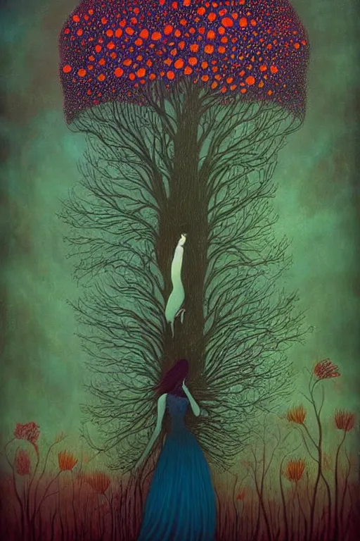 Image similar to surreal neil gaiman's Death, nostalgia for a fairytale, magic realism, flowerpunk, mysterious, vivid colors, by andy kehoe, amanda clarke