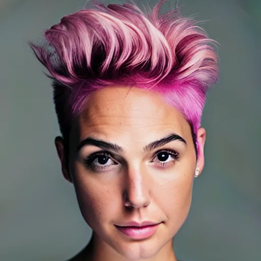 Prompt: portrait of a gorgeous Gal Gadot pink pixie cut hair by Mario Testino, headshot, detailed, award winning, Sony a7R