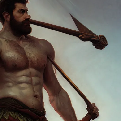 Prompt: portrait of a gruff ranger carrying the holy lance of longinus, Cain, moderately muscular, hairy body, intricate, elegant, highly detailed, digital painting, artstation, concept art, matte, sharp focus, illustration, art by Artgerm and Greg Rutkowski and Alphonse Mucha