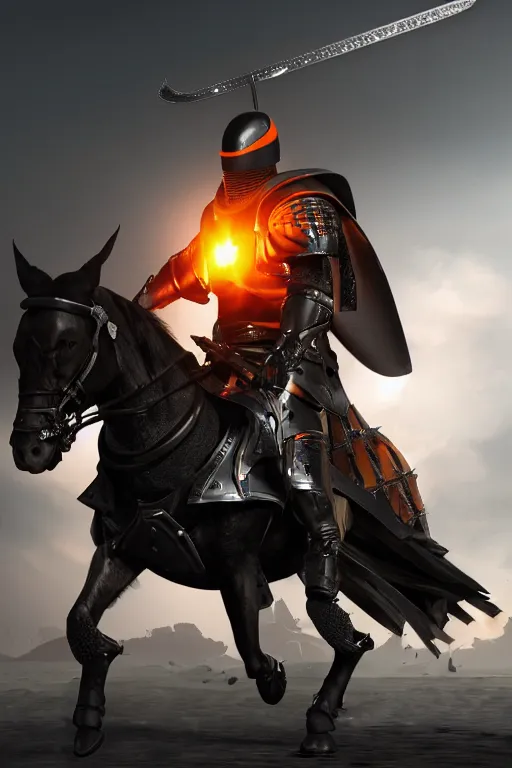 Prompt: a digital photograph of one african american knight in heavy black parmor with thin dull orange trim, wearing a black elegant cape flowing in the wind, the knight holds a black sword in one hand, riding a black horse with mechanized spiked armor, extremely detailed, extremely realistic, no bodily flaws, unreal engine, concept art, 8 k