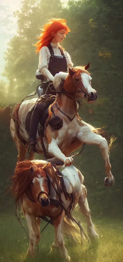 Prompt: southern ginger woman in ripped overalls riding a horse with a white mane, airbrushed, hazy, gentle, soft lighting, wojtek fus, by makoto shinkai and ilya kuvshinov,