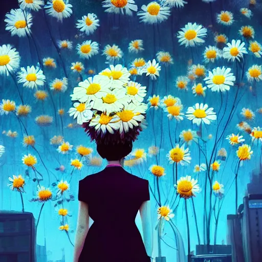 Image similar to closeup, huge daisy flower head, woman in modern city, surreal photography, night light, dark, impressionist painting, digital painting, artstation, simon stalenhag