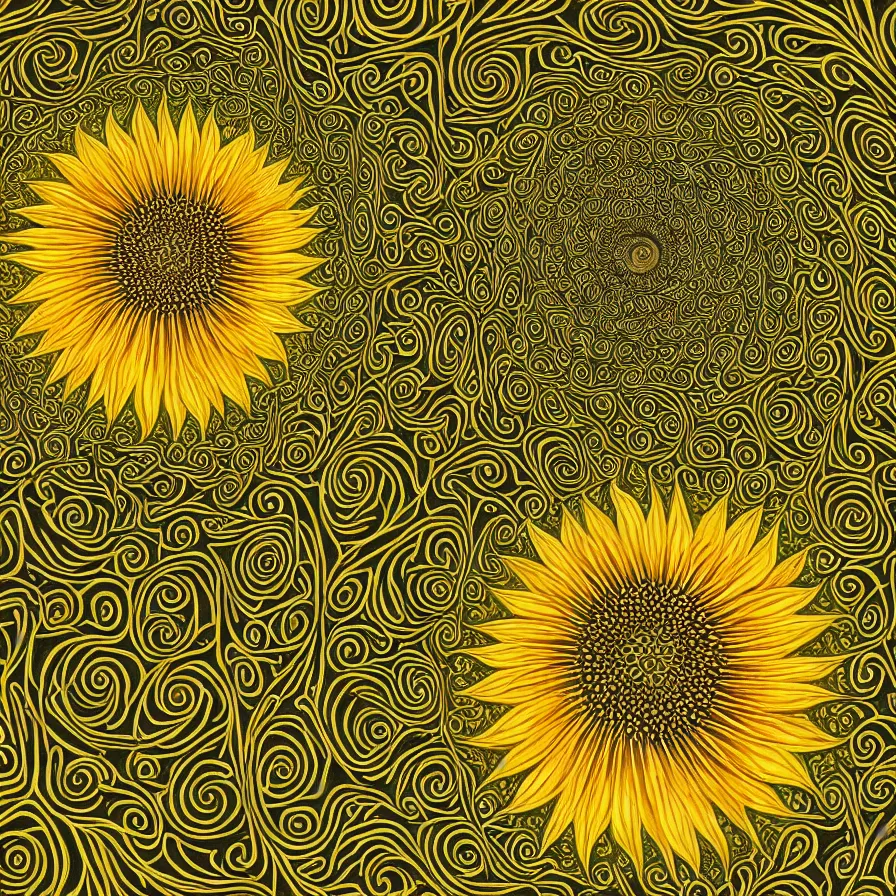 Image similar to award winning fine artwork of hypnotizing sunflower and nasturstium vines patterns, golden ratio, mandelbrot fractal, infinite tunneling