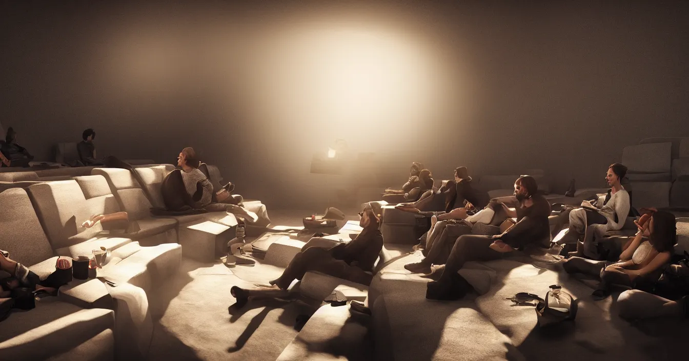 Prompt: human souls sit in cinema and watch warm light of consciousness projecting illusions of the lives on the big screen, deep sense of silence, contrast shading, unreal engine, vray,