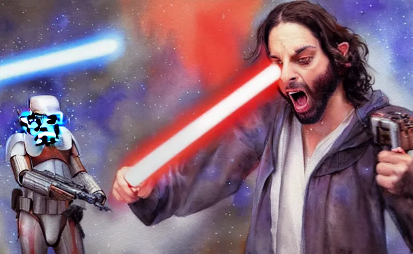 Image similar to an accurate realistic star wars watercolor fantasy concept art of a drug dealer that looks like chris d'elia yelling angrily in a sleazy futuristic bar of coruscant, hq, 4 k