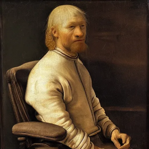 Prompt: a blonde man sitting in a wheelchair pondering about life, portrait in the style of dutch renaissance, rembrandt exhibition, 4 k high definition, masterpiece