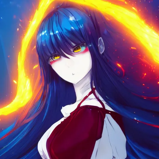 Image similar to a anime woman wearing a dress made out of blue fire , full body, very long black/red hair, one yellow and one blue eye, intense stare, cinematic lighting, medium shot, MCU, very high details, trending on artstation, CSP, Photoshop, WLOP, Rossdraws, James Jean, Andrei Riabovitchev, Marc Simonetti, Anastasia Ovchinnikova, Véronique Meignaud, BEN MAIER and Sakimichan