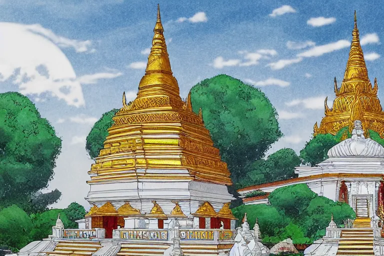 Image similar to sri lankan temple with white stupa, drawn by hayao miyazaki