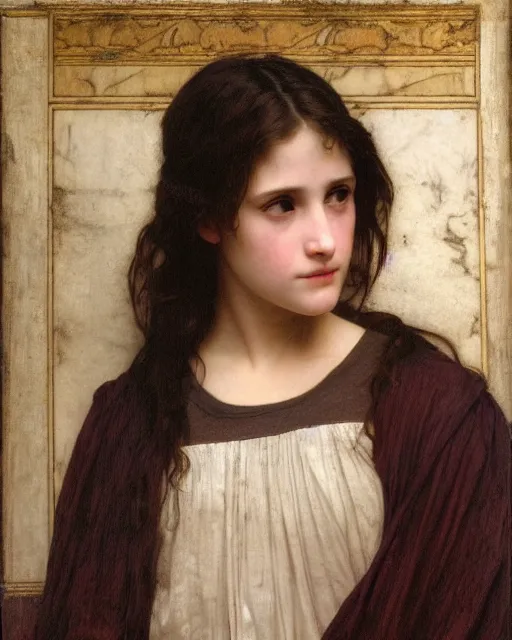 Prompt: a realistic portrait of a teenage girl who looks like Uma Thurmond and Winona Ryder with an anxious expression and slightly open mouth, wearing ragged torn clothing, inside a cathedral lit with god rays, by William-Adolphe Bouguereau, John William Waterhouse, Frederic Leighton, Alphonse Mucha, Edward Burne Jones