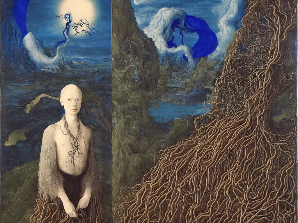 Image similar to Portrait of albino mystic with blue eyes, with exotic beautiful orchid medusae. Landscape with tsunami, giant wave. Painting by Jan van Eyck, Audubon, Rene Magritte, Agnes Pelton, Max Ernst, Walton Ford