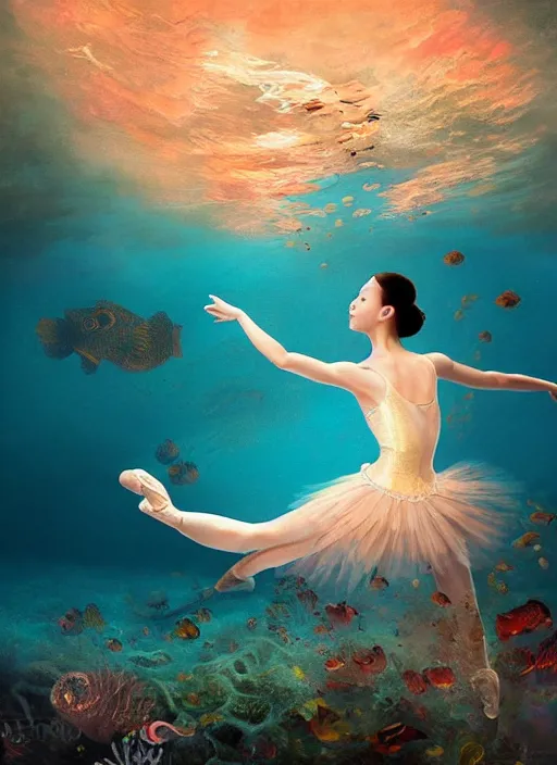 Image similar to stunningly beautiful, asian prima ballerina at the bottom of the great barrier reef, smooth, focus, highly detailed, hyper realistic, dramatic lighting, intricate, concept art, art by wlop, mars ravelo, greg rutowski