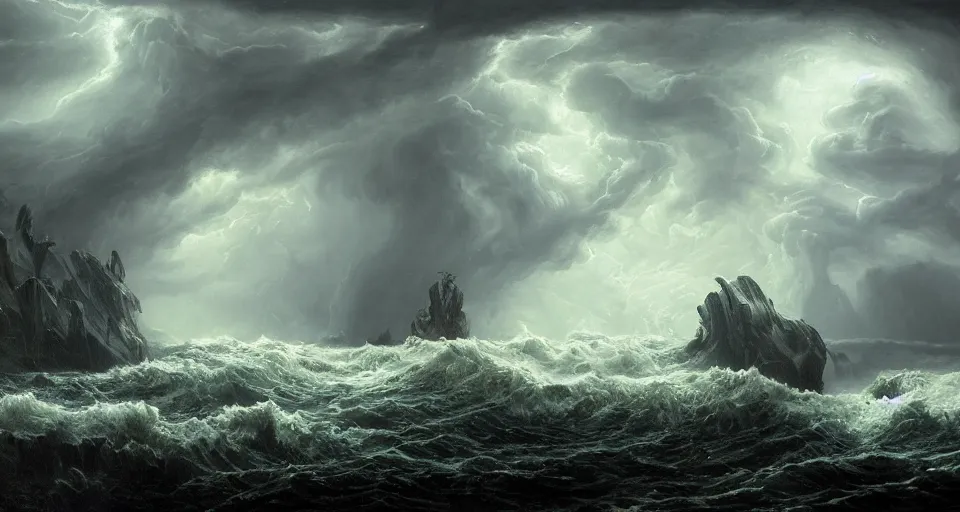 Image similar to lovecraftian eldritch call of cthulhu on a snowy island surrounded by raging stormy seas by eugene von guerard, ivan shishkin, night, red lightning!!, storm!, dramatic lighting, concept art, trending on artstation, 8 k