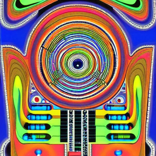 Prompt: Synthesiser designed by Paul laffoley, high detail photorealistic psychedelic