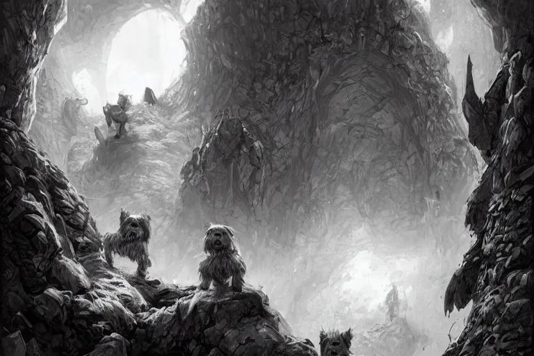 Prompt: black and white one point perspective dungeon cozy fantasy dungeon yorkshire terrier puppies artgerm and Craig Mullins, James Jean, Andrey Ryabovichev, Mark Simonetti and Peter Morbacher 16k