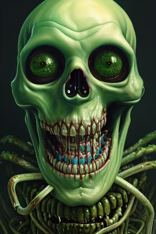 Image similar to a beautiful oil painting hyperrealism of a happy smiling zombie head, green bulging eyes, rotten green skin, grey beard, blue veins, skull bones, moody lighting, 8 k resolution, octane render, trending on artstation, by h. r. giger and greg rutkowski