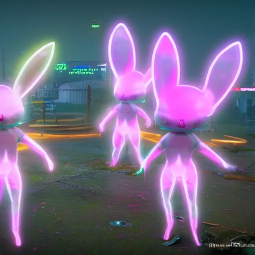 Image similar to neon fluorescent, iridescent cute bunny rabbits with fairy wings cyperpunk 2 0 7 7, unreal engine 5, 8 k ultra realistic, hyperdetailed, volumetric lighting, extremely high quality