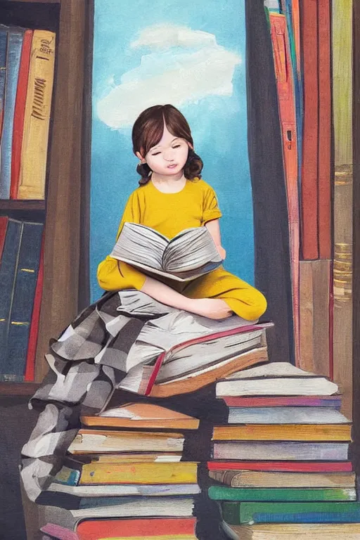 Image similar to a little girl sits cross legged on top of a tall pile of books. she is reading. clean elegant pretty cartoon painting, beautiful detailed face.