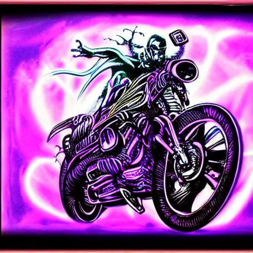 Image similar to psychedelic blacklight airbrush artwork, hyper stylized action shot of an orc biker riding a motorcycle, airbrushed on a black background