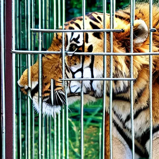 Image similar to lion and a tiger roaring in cage at the zoo wearing hats