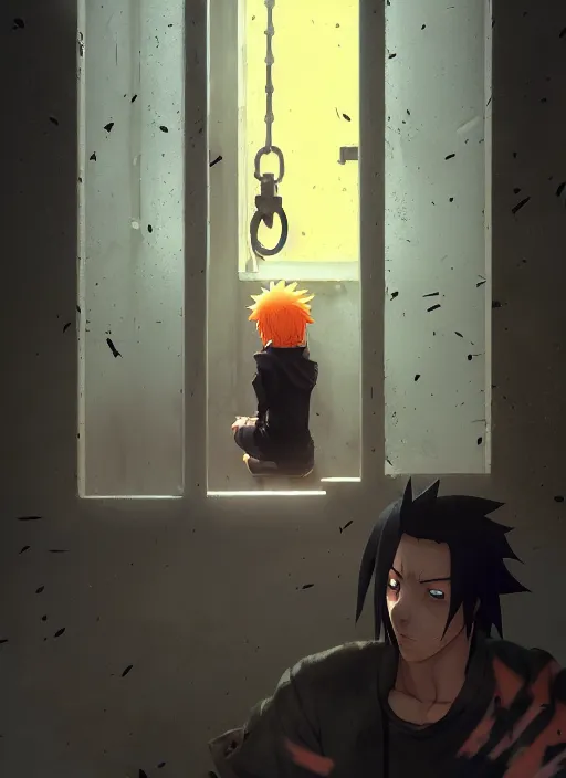 Image similar to highly detailed prison cell with naruto uzumaki with black hair, metal bars in window, powerfully hitting a wall, art by greg rutkowski, loish, rhads, ferdinand knab, makoto shinkai and lois van baarle, ilya kuvshinov, rossdraws, tom bagshaw, global illumination, radiant light, detailed and intricate environment