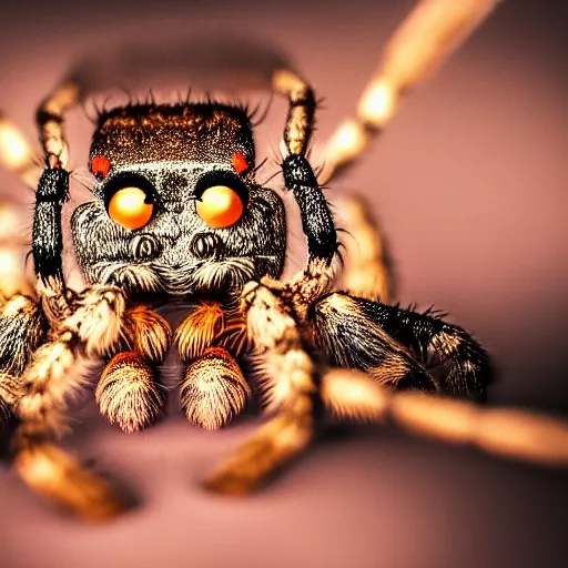 Image similar to macro lens photo of a spider, dynamic lighting, photorealistic, ultra detailed, stunning visuals, blur, studio photo, studio quality lighting, 8 k