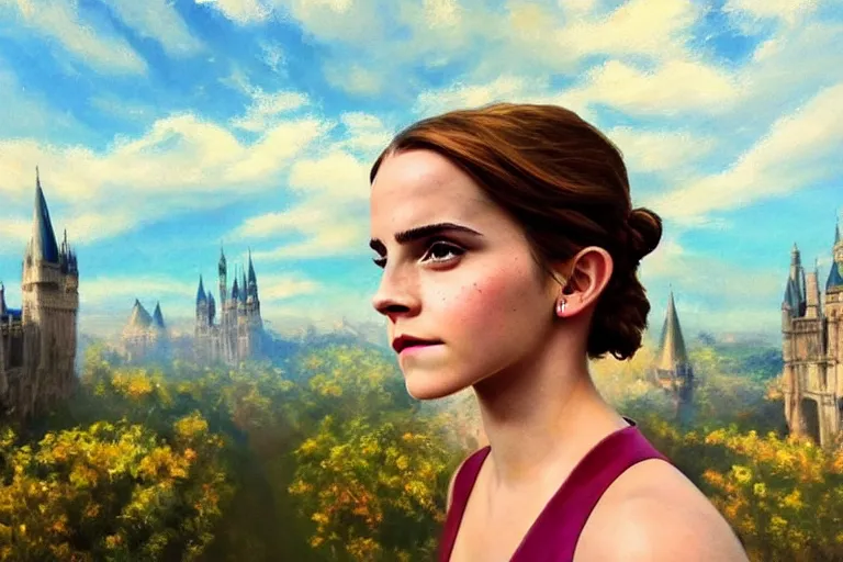 Image similar to emma watson, first person view, fantasy, painting, ultra realistic!!!, clear weather, golden hour, sharp focus